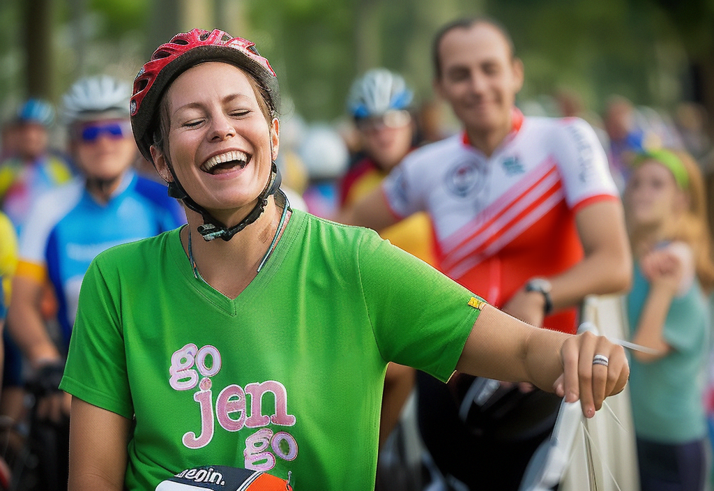 A cyclist wearing a shirt that says: Go Jen Go